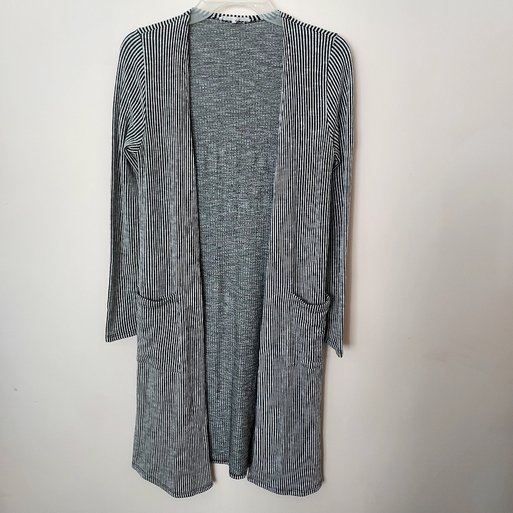 Cozy Longline Monochrome Ribbed Striped Open Front Cardigan Relaxed Fit Fall